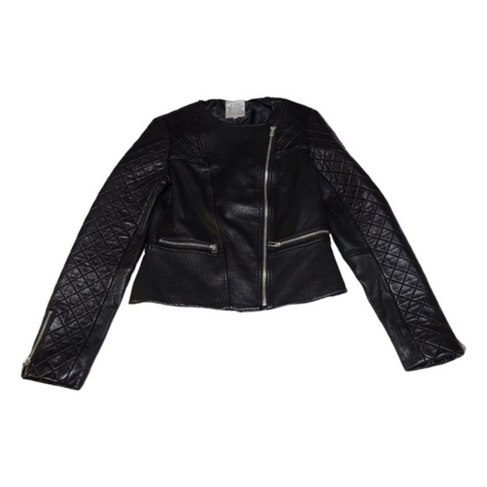 Dawn Levy NY‎ Women's Sz XS Leather Moto Jacket Black Quilted Sleeve